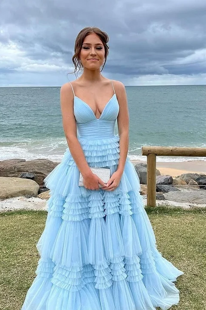 Baby Blue Deep V-Neck Spaghetti Straps A-Line Prom Dress