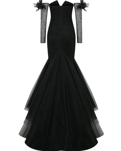 Glamorous Tulle Black Removable Long Sleeves Mermaid Prom Dress with Bow