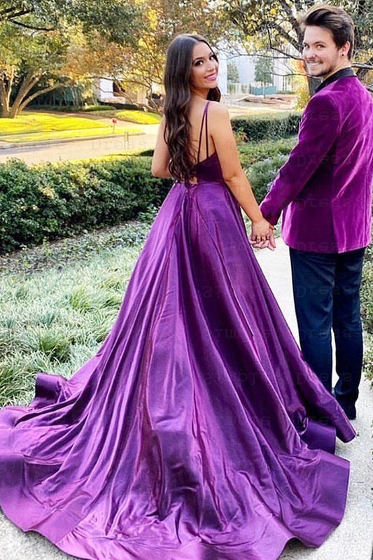 Spaghetti-Straps Purple V-Neck Prom Dress