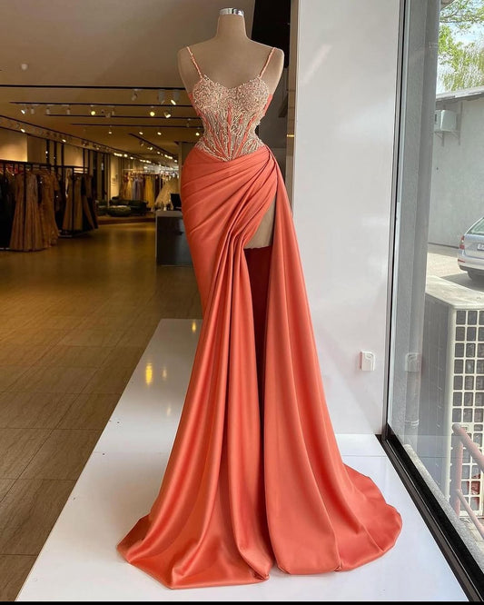 Sleeveless Spaghetti Straps Mermaid Beads Prom Dress