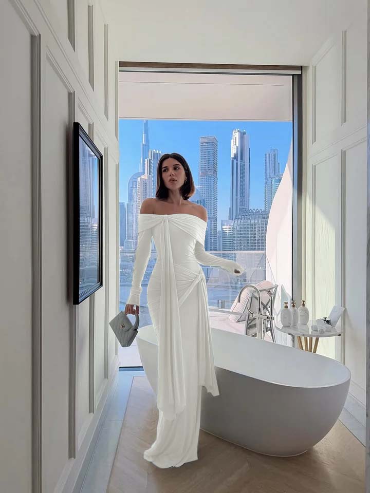 Chic Sky Blue Off-The-Shoulder Long Sleeves Pleated Chiffon Evening Dress