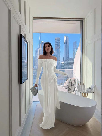 Chic Sky Blue Off-The-Shoulder Long Sleeves Pleated Chiffon Evening Dress