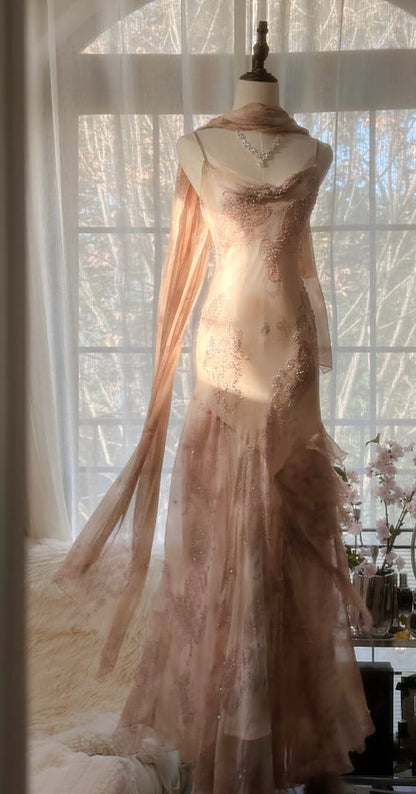 Gentle Mermaid Spaghetti Strap Beaded Ruffle Chiffon Prom Dress Graduation Prom Dress SH2665