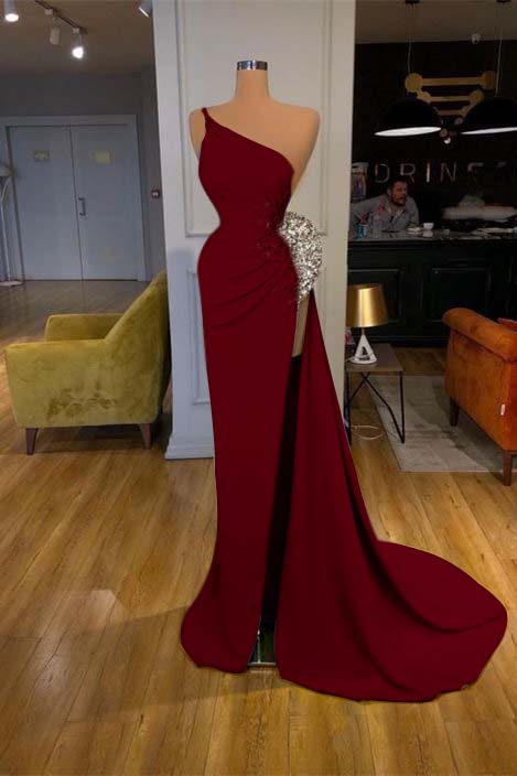 Spaghetti-strap Sequins One Shoulder Mermaid Prom Dress With Split
