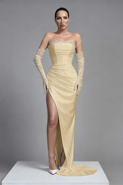 Black Sleeveless Long Split Pleated Evening Dress With Long Gloves