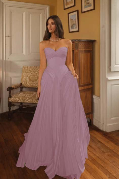 White A Line Strapless Sleeveless Long Dress with Pleated