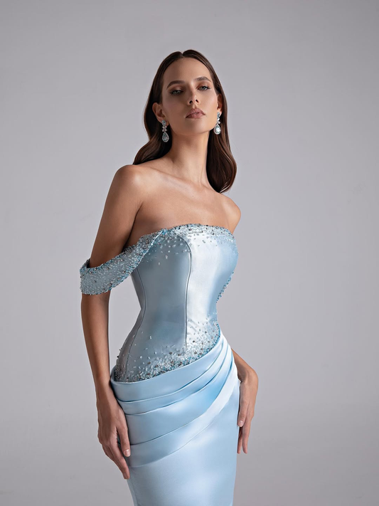 Sleeveless Sweetheart Strapless Off Shoulder A Line Long Prom Dress With Beading