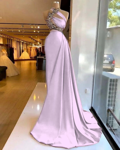 Satin Stunning Beading Sleeveless Long Prom Dress with Ruffle
