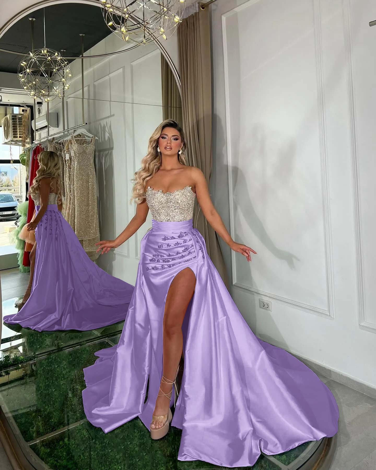 Crystal Elegant Beaded strapless Formal Sleeveless Strapless White Prom Dress