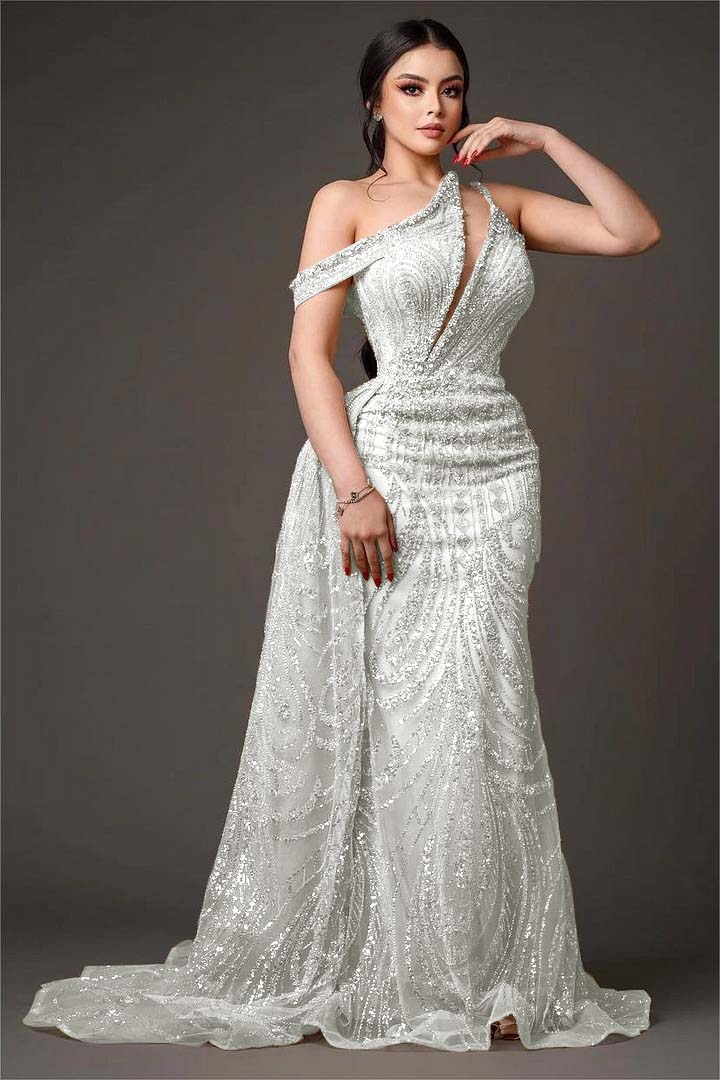 One-Shoulder Sleeveless Beaded Embroidery Mermaid Prom Dress