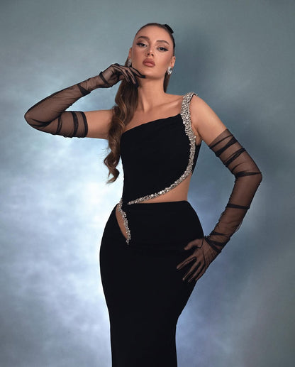Black Beads One-Shoulder Strap Mermaid Prom Dress With Long Gloves