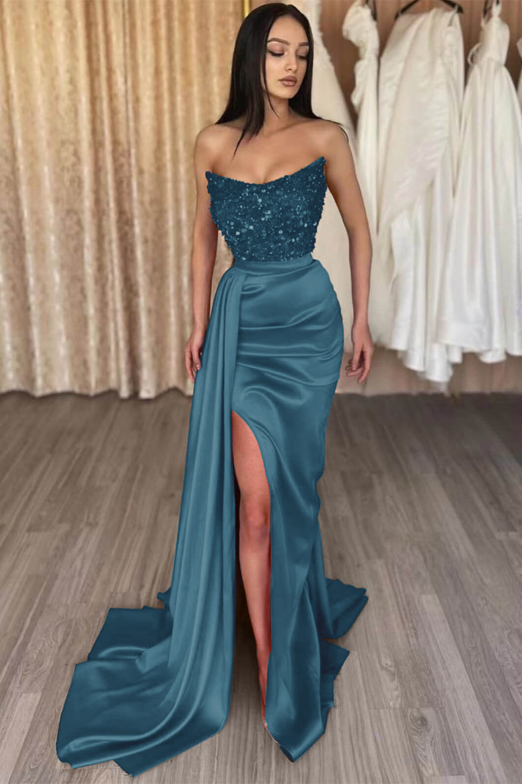 Red Strapless Elegant Long Sequins Prom Dress Mermaid Slit