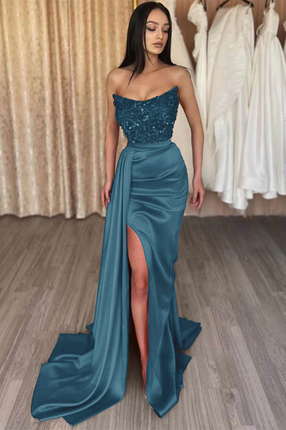 Red Strapless Elegant Long Sequins Prom Dress Mermaid Slit