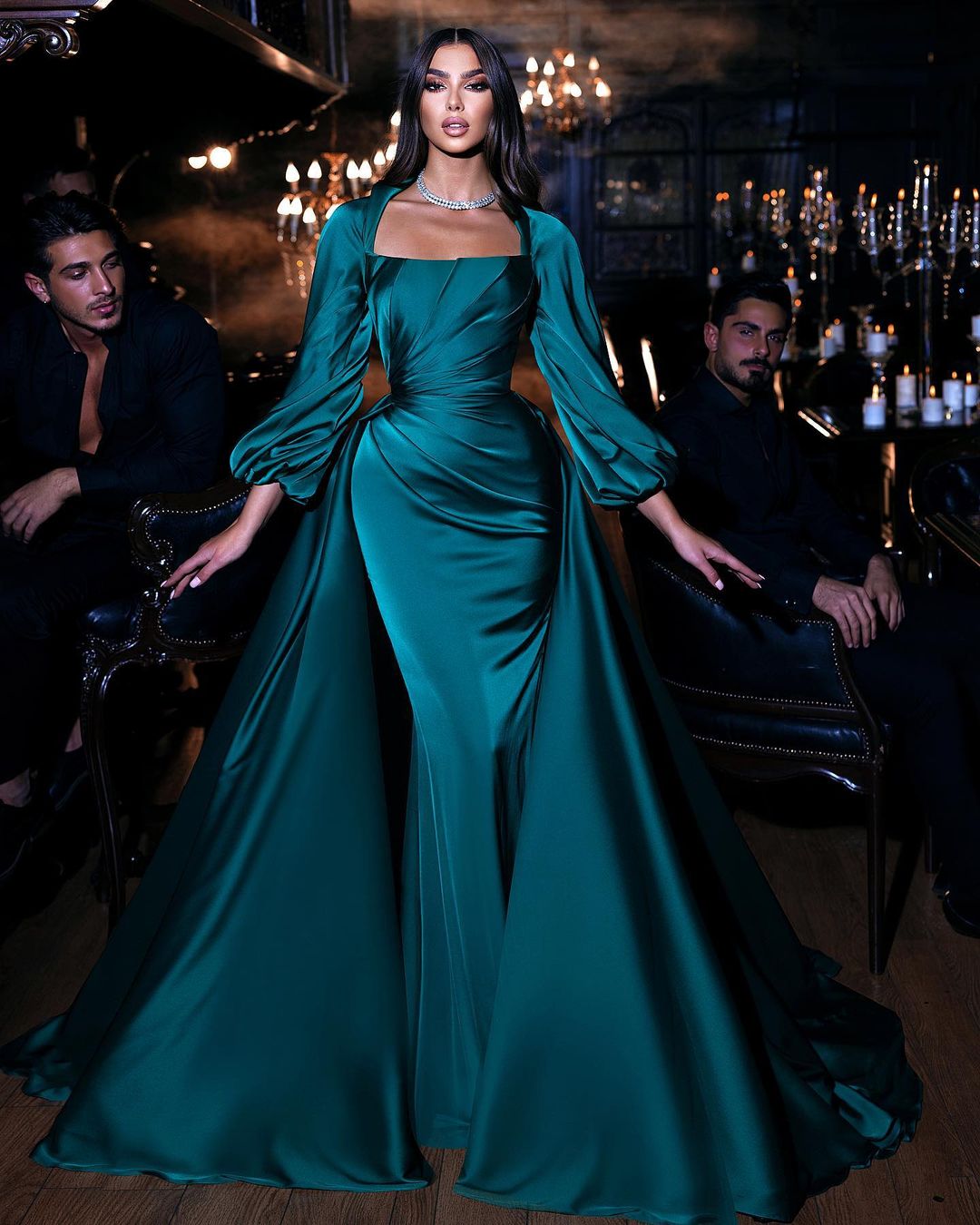 Square Emerald Long Sleeves Mermaid Prom Dress With Ruffles