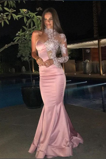 Pink Glamorous One Shoulder Prom Dress Long Sleeves