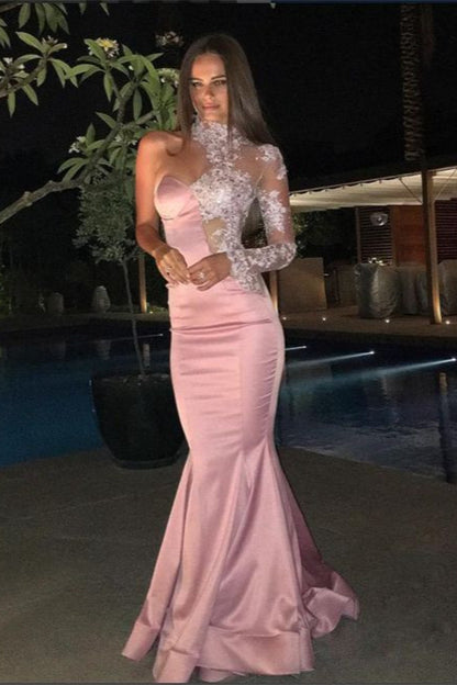 Pink Glamorous One Shoulder Prom Dress Long Sleeves
