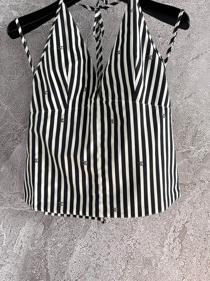 CC Striped Halter Top Black White Cotton