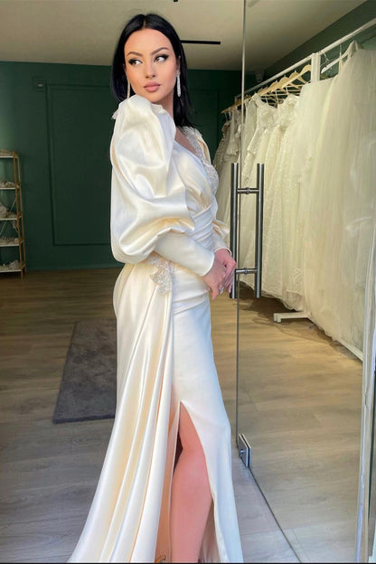 Long Puff Sleeves Mermaid Prom Dress With Appliques Ruffles