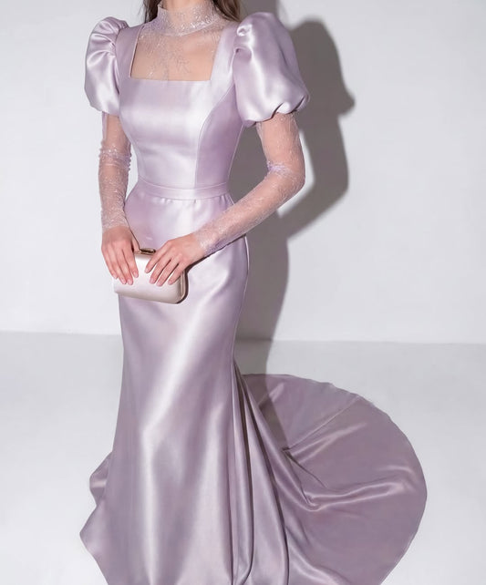 Elegant Short Sleeves Square Mermaid Long Evening Dress With Lace