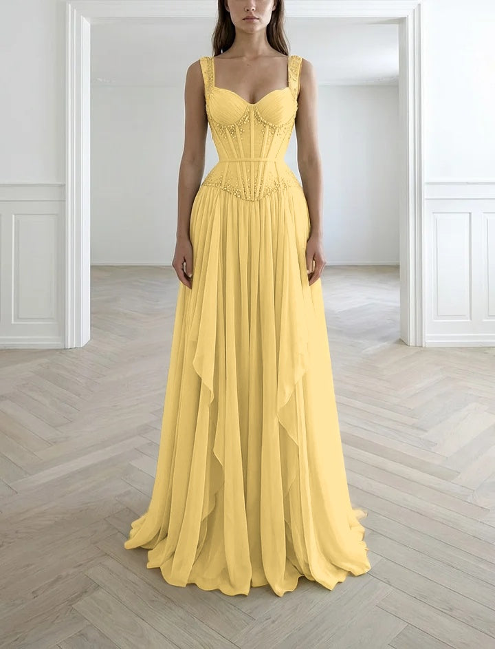 Graceful Sleeveless Wide Straps Beaded Ruffles Long Evening Dress