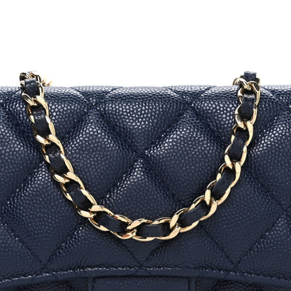 Caviar Quilted Flap Phone Holder With Chain Navy Blue