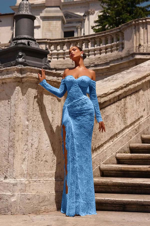 Champagne Lace Strapless Split Prom Dress With Long Sleeves