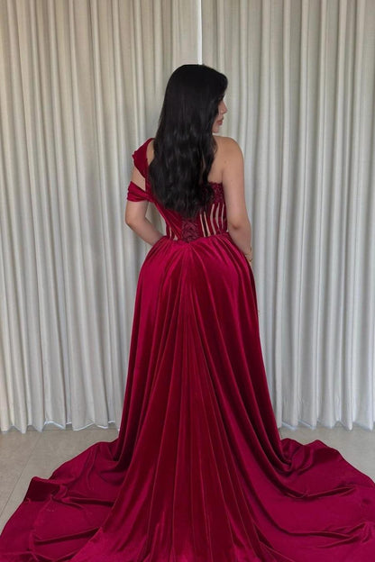 Glamorous Velvet One Shoulder Sleeveless Long Pleated Prom Dress with Split