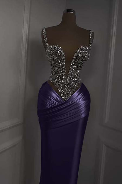 Charming White Satin Spaghetti Strap Sleeveless Pleated Prom Dress with Beadings