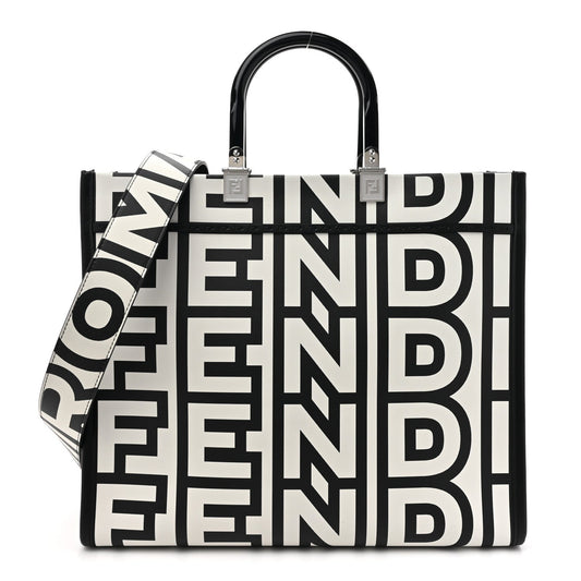 X MARC JACOBS Vitello King Logo Print Medium Fendi Sunshine Shopper Tote Black White