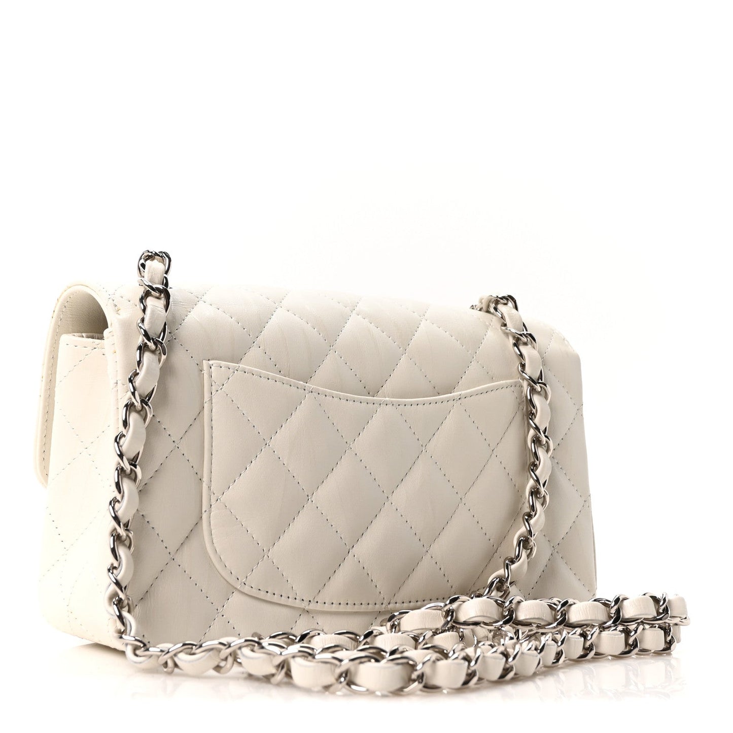Iridescent Calfskin Quilted Mini Rectangular Flap White