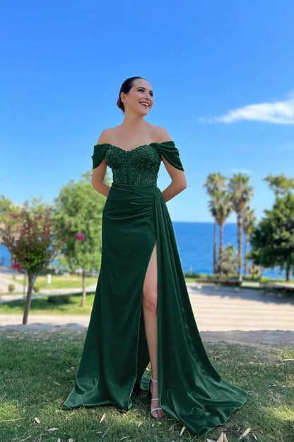 Off-The-Shoulder Mermaid Prom Dress With beads Sweetheart Front Split