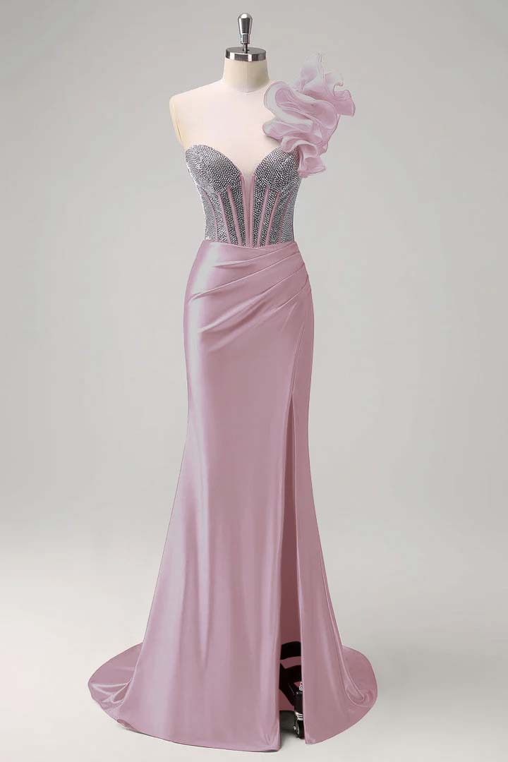 Strapless Handmade Flower Backless Mermaid Slit Prom Dress With Beading