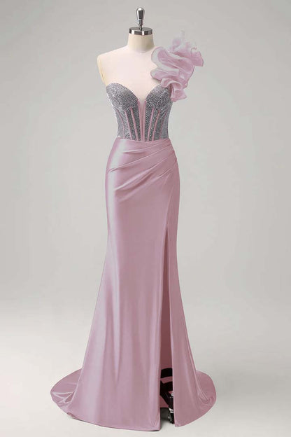 Strapless Handmade Flower Backless Mermaid Slit Prom Dress With Beading