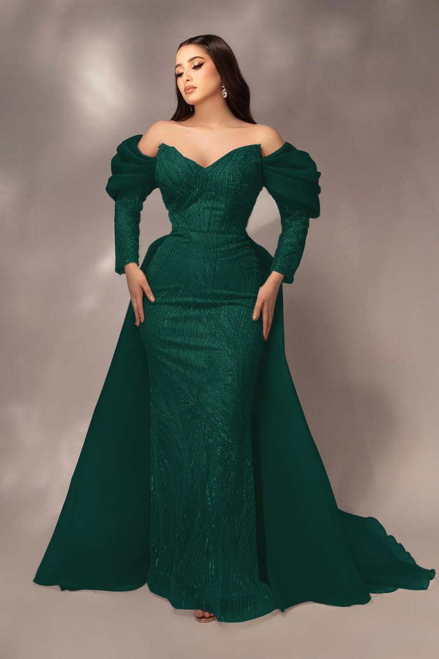 Glamorous Sequins Off the Shoulder Long Sleeves Mermaid Prom Dress with Pleated