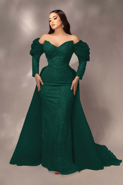 Glamorous Sequins Off the Shoulder Long Sleeves Mermaid Prom Dress with Pleated