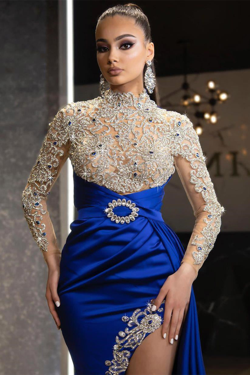 Royal Blue Long Sleeves Split Beadings Mermaid Prom Dress With Ruffles