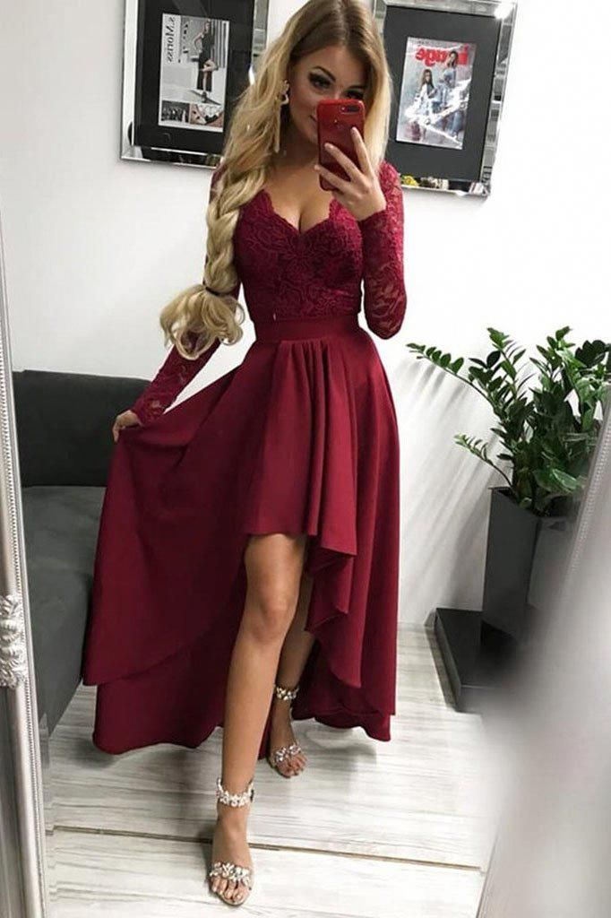 1292,burgundy long sleeves v-neck applique lace chiffon long evening dresses
