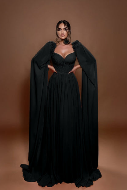 Chic A Line Sleeveless Long Pleated Prom Dress With Shoulder Cape