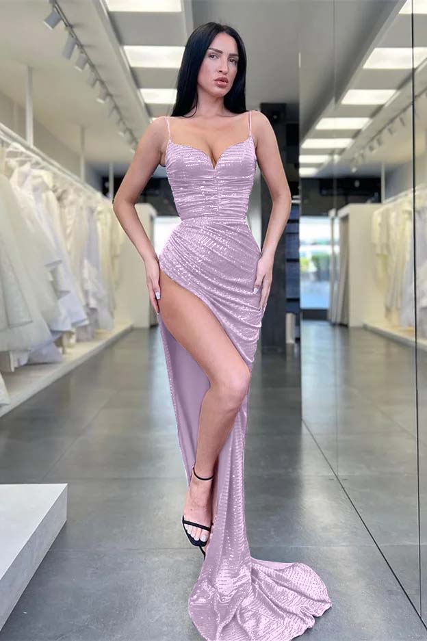 Spaghetti-Straps Sequins V-Neck Sleeveless Mermaid Evening Dress With Split