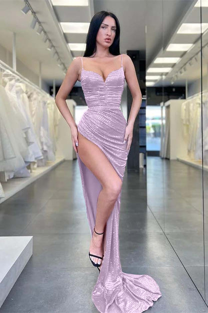 Spaghetti-Straps Sequins V-Neck Sleeveless Mermaid Evening Dress With Split