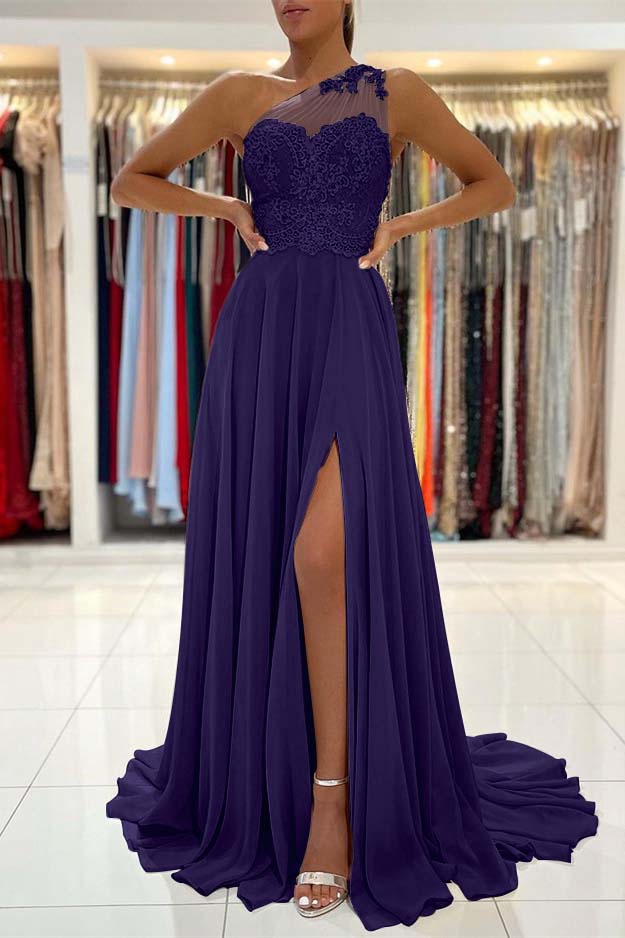 Glamorous One Shoulder Lace Appliques Prom Dress Front Slit