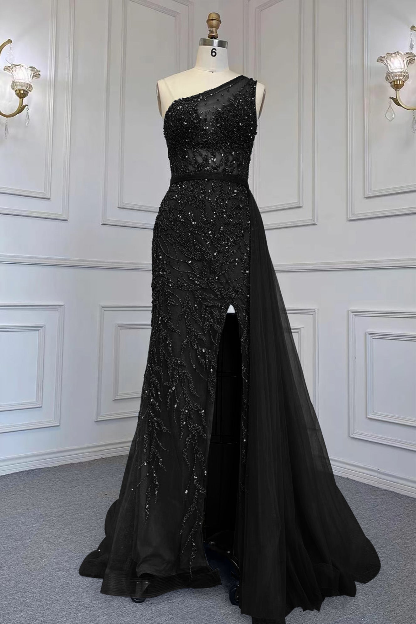 Gorgeous One Shoulder Beadings Tulle Evening Dress With Slit Rhinstone