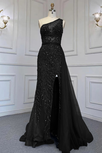 Gorgeous One Shoulder Beadings Tulle Evening Dress With Slit Rhinstone