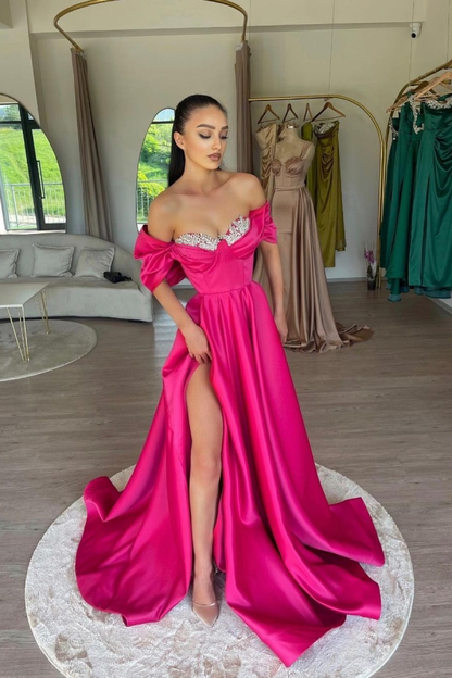 Elegant Fuchsia Off-The-Shoulder Beaded Sweetheart Prom Dress With Split