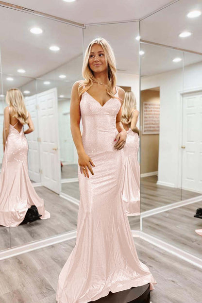 Shinning Orange Spaghtti Strap Sleeveless V Neck Mermaid Prom Dress with Beadings