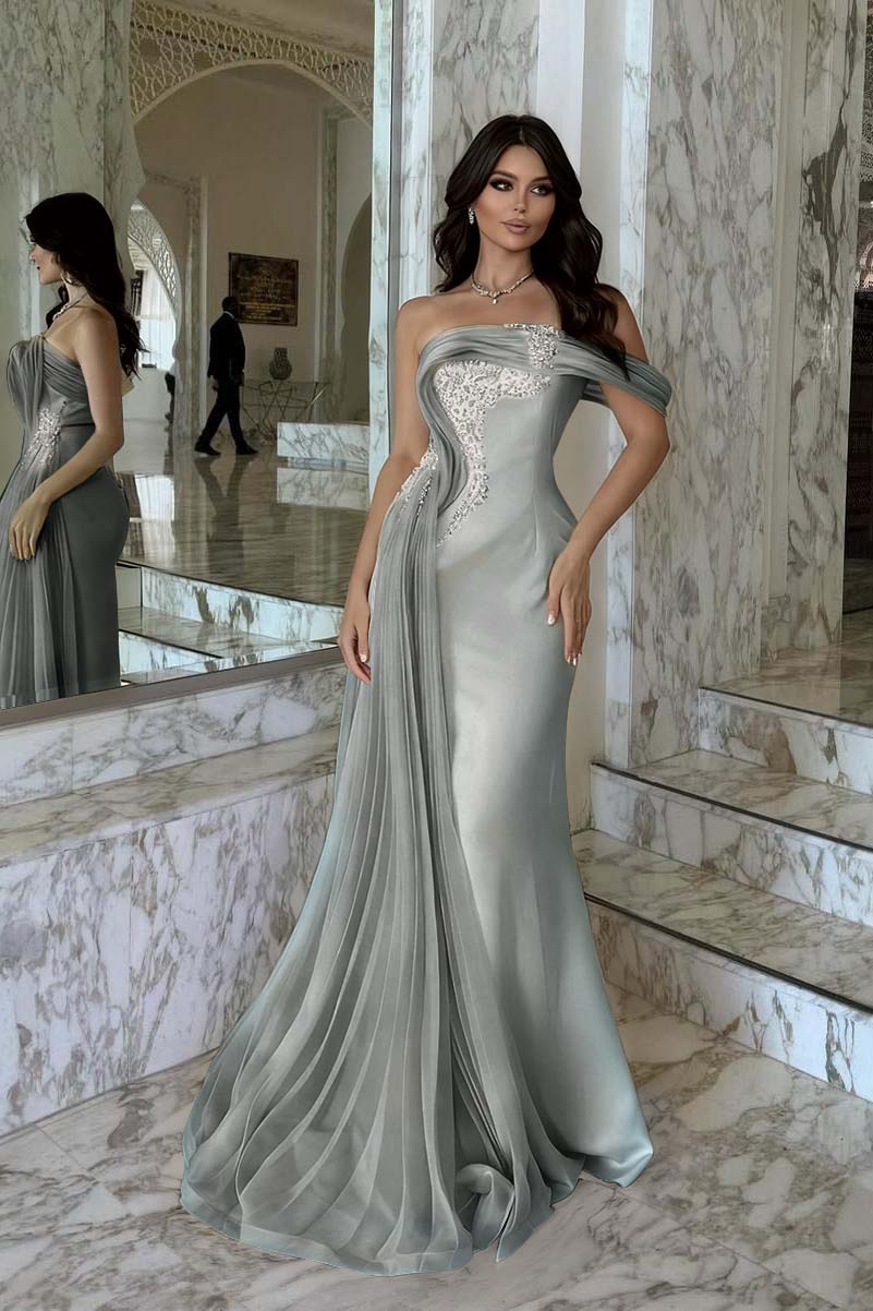 Elegant Pink Satin One Shoulder Beaded Strapless Prom Dress with Train