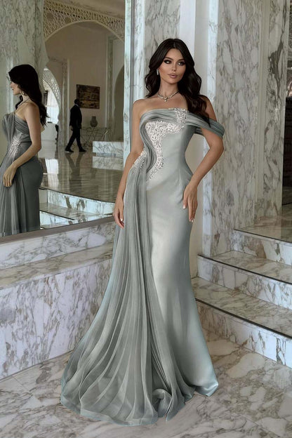 Elegant Pink Satin One Shoulder Beaded Strapless Prom Dress with Train