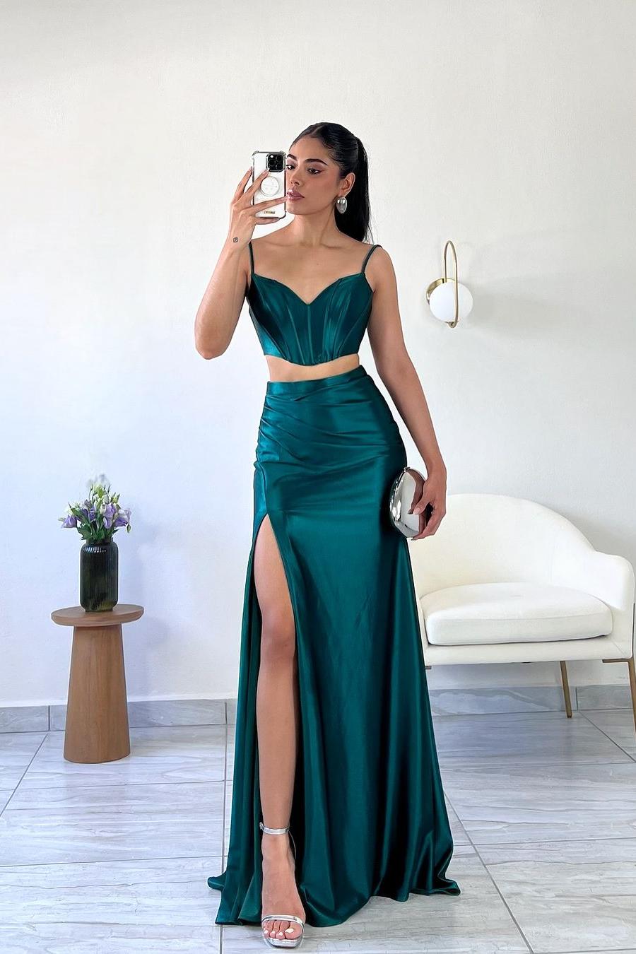 Simple Dark Green Satin Spaghetti Strap Sleeveless Long Prom Dress with Split