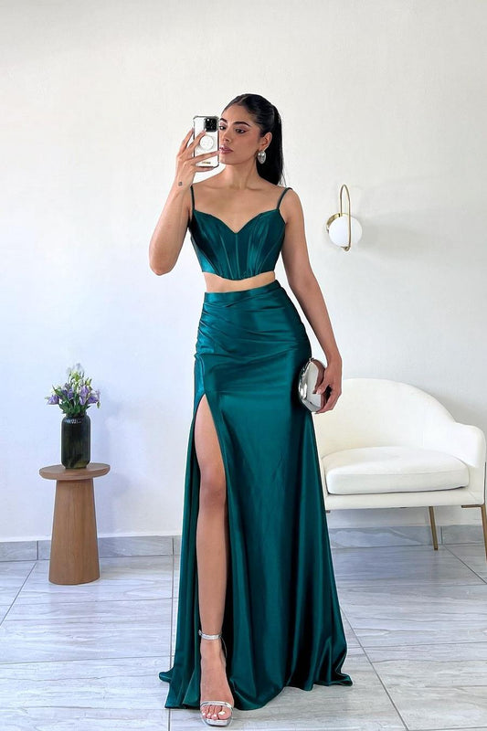 Simple Dark Green Satin Spaghetti Strap Sleeveless Long Prom Dress with Split