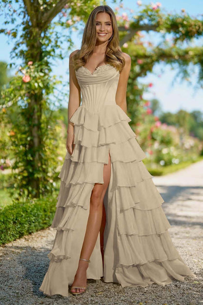 Elegant Daffodil Chiffon Strapless Sleeveless Applique Prom Dress with Ruffles